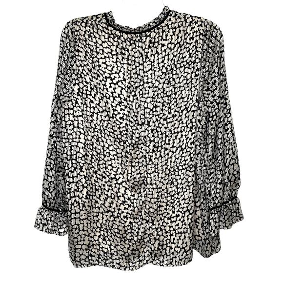Lane Bryant Black Cream Print Crinkle Texture Tie Neck Long Sleeve Lined Blouse - Picture 5 of 8